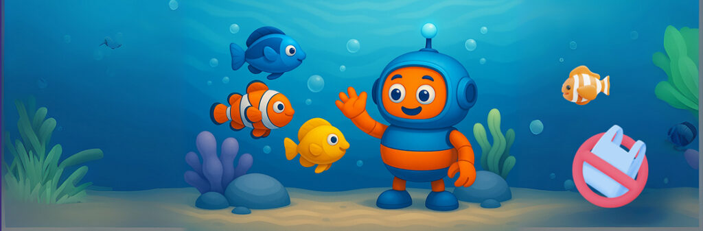 A friendly AI robot learning to clean the ocean in a kid-friendly game