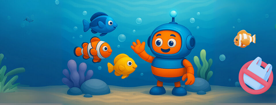 A friendly AI robot learning to clean the ocean in a kid-friendly game