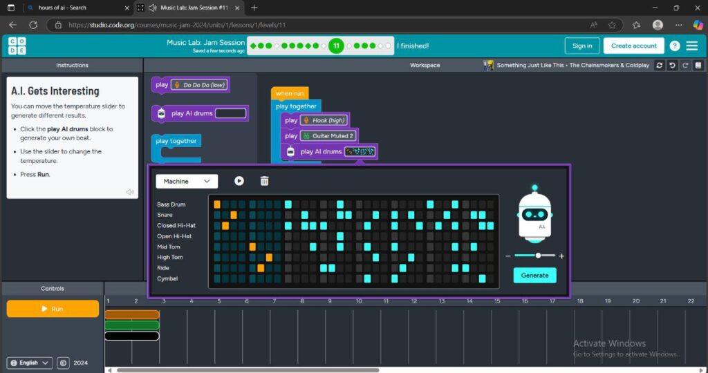 Screenshot of a music coding project showing AI-generated melodies