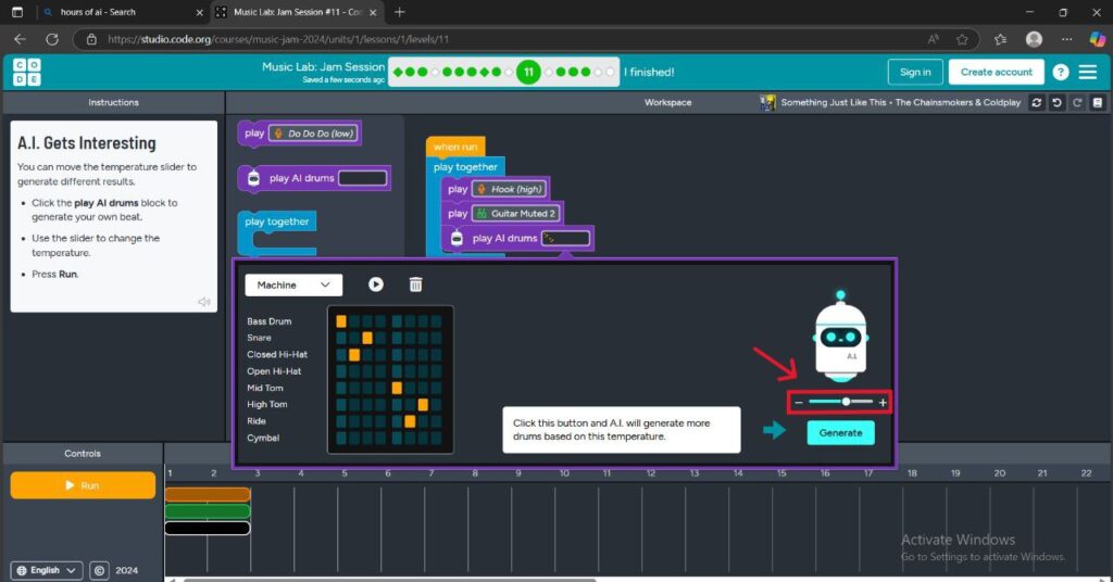 Teacher using AI Music Lab to explain creativity and patterns in music